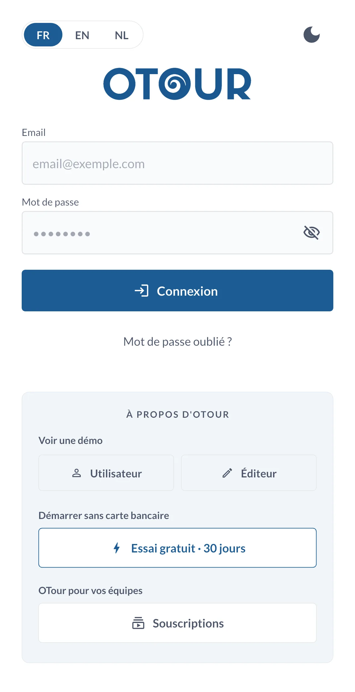 L'écran de connexion de l'application OTour