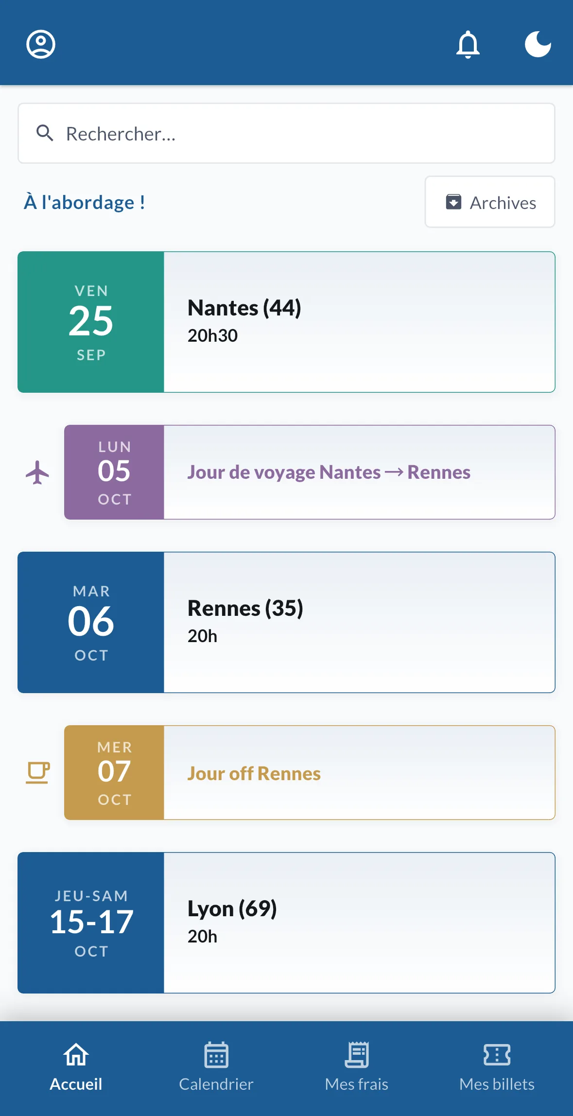 Le haut de la liste des dates, avec une date complétée en vert