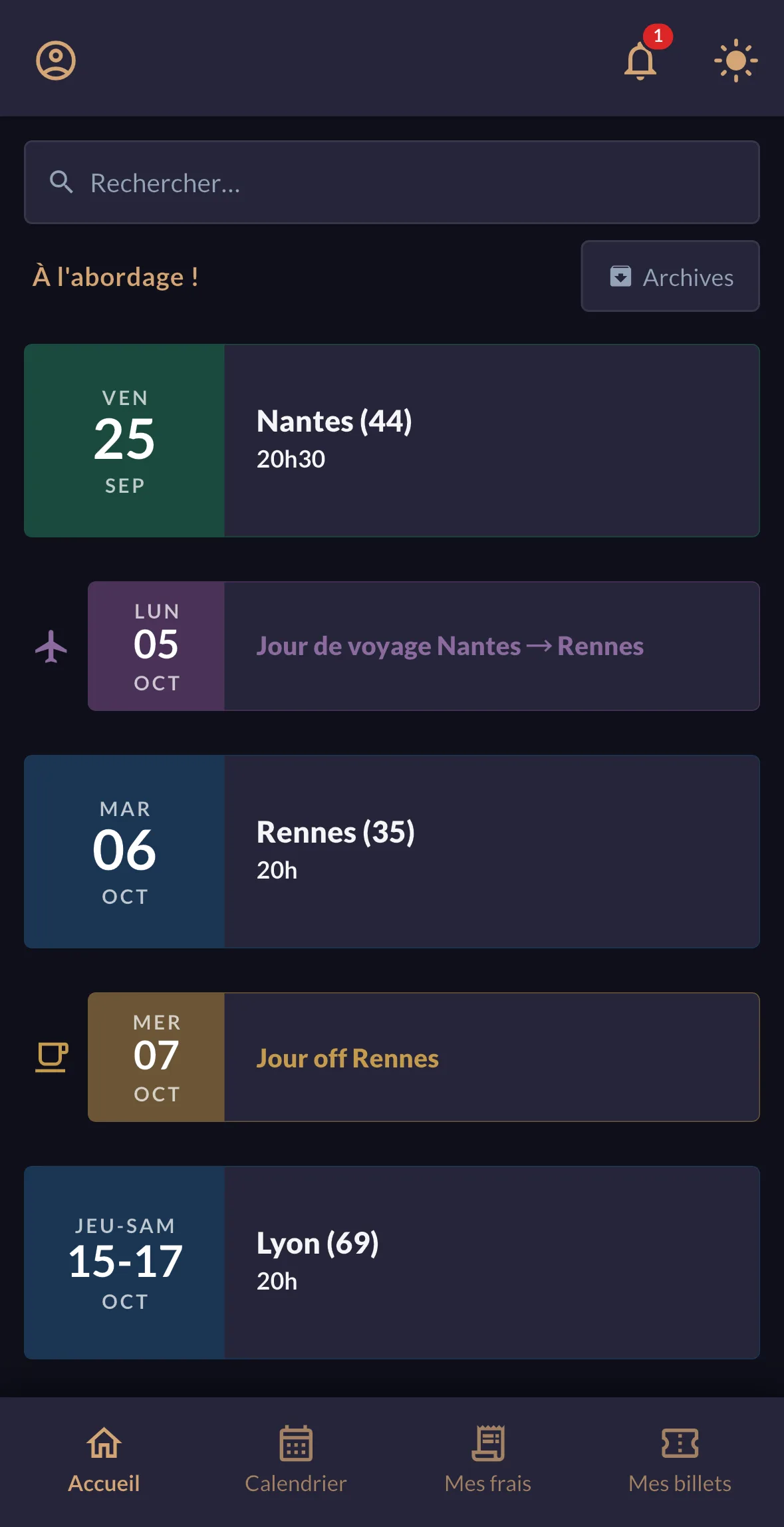 L'écran d'accueil en mode sombre