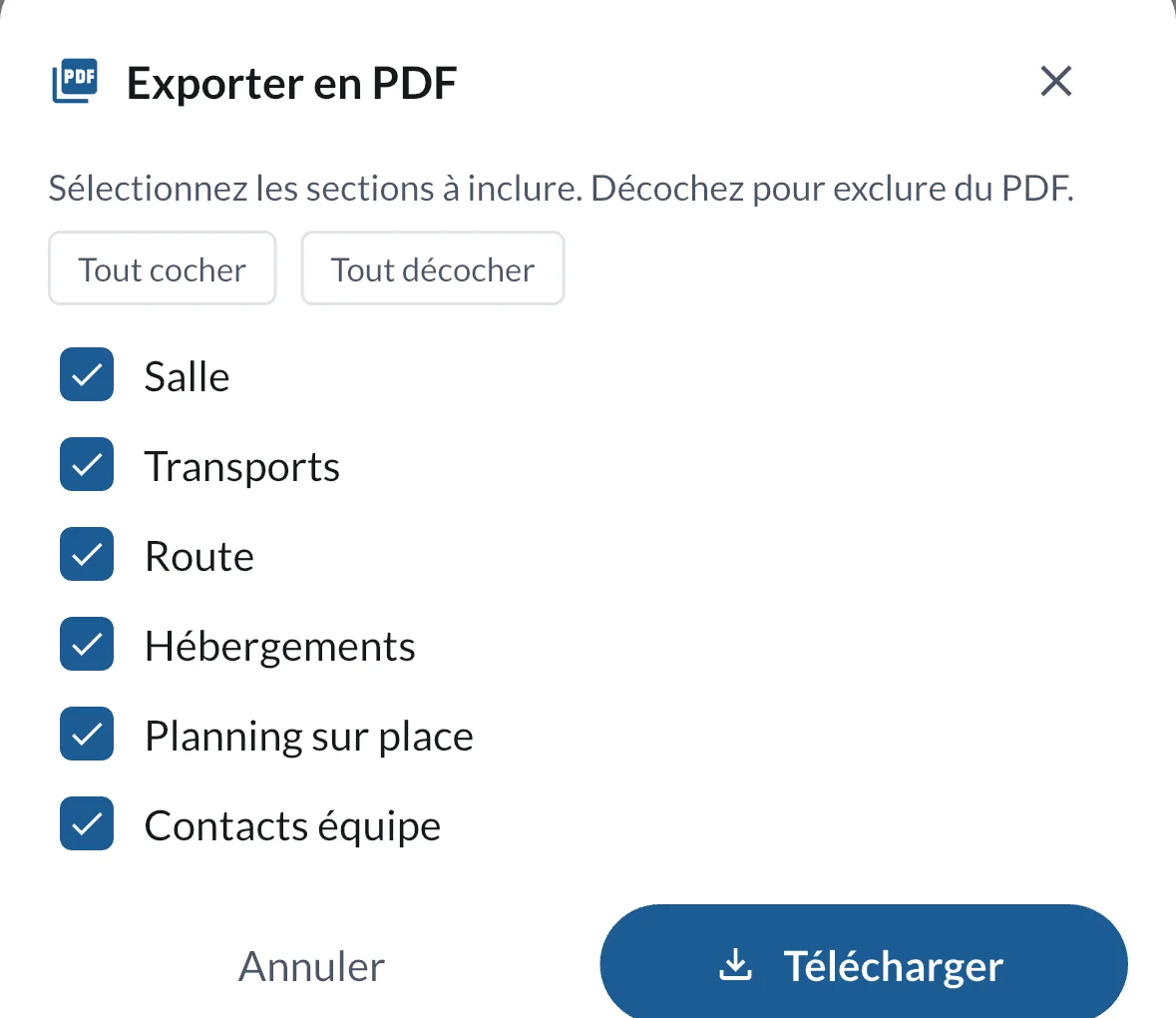 La fenêtre d'export en PDF