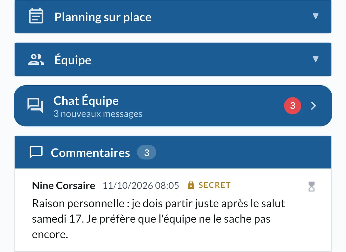Le bandeau Chat Équipe au-dessus des commentaires