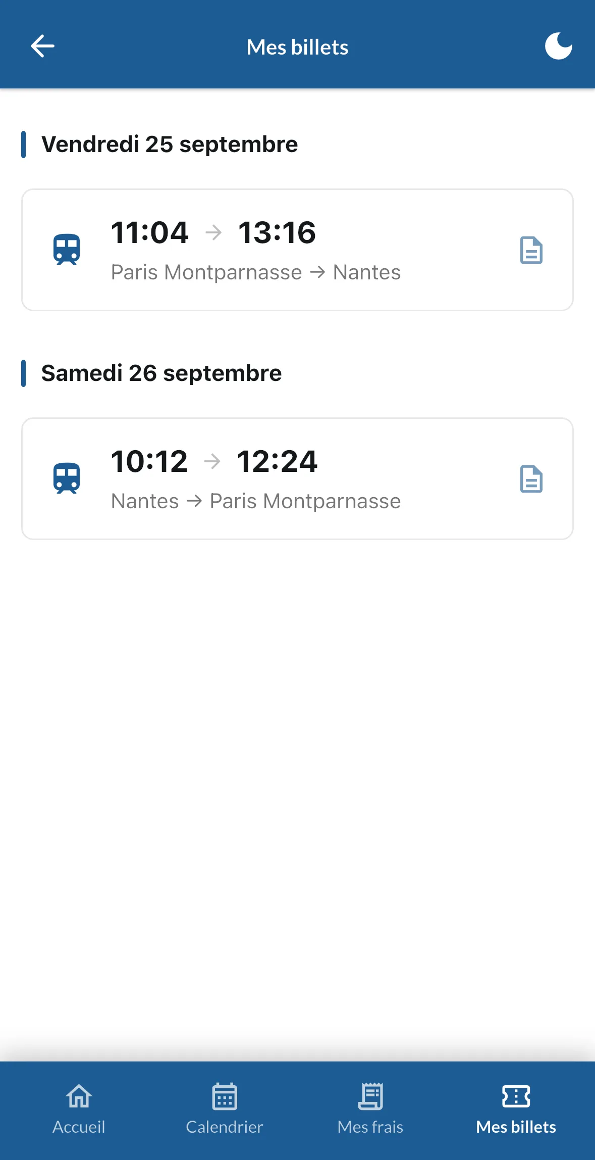 La liste Mes billets