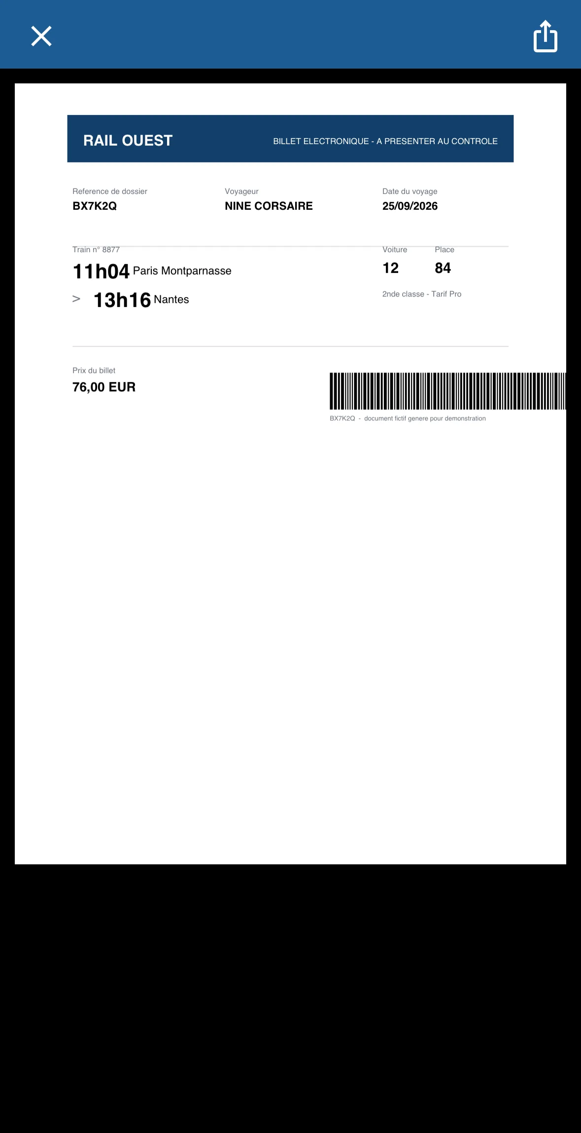 Un billet ouvert en plein écran