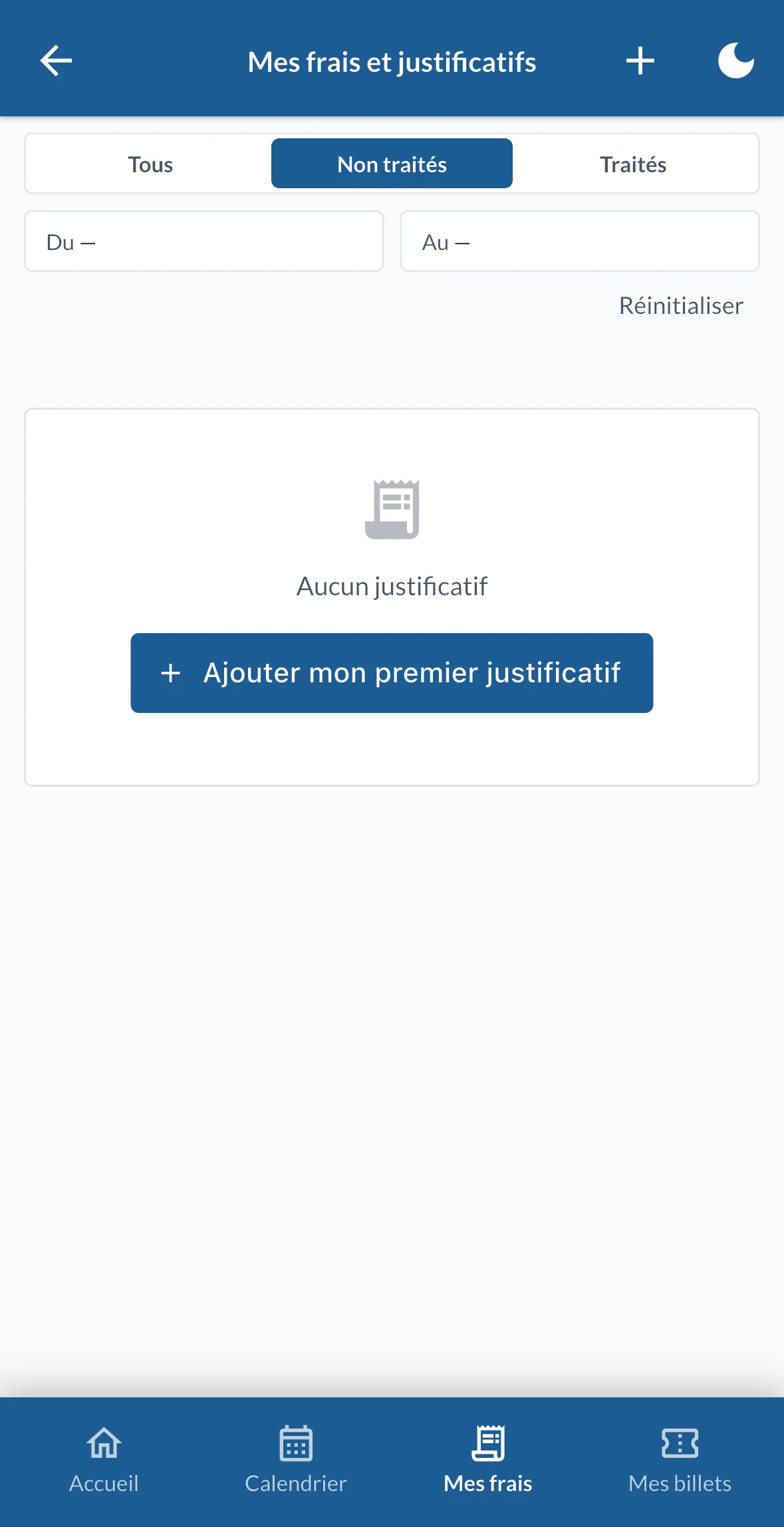 L'onglet Mes frais, vide