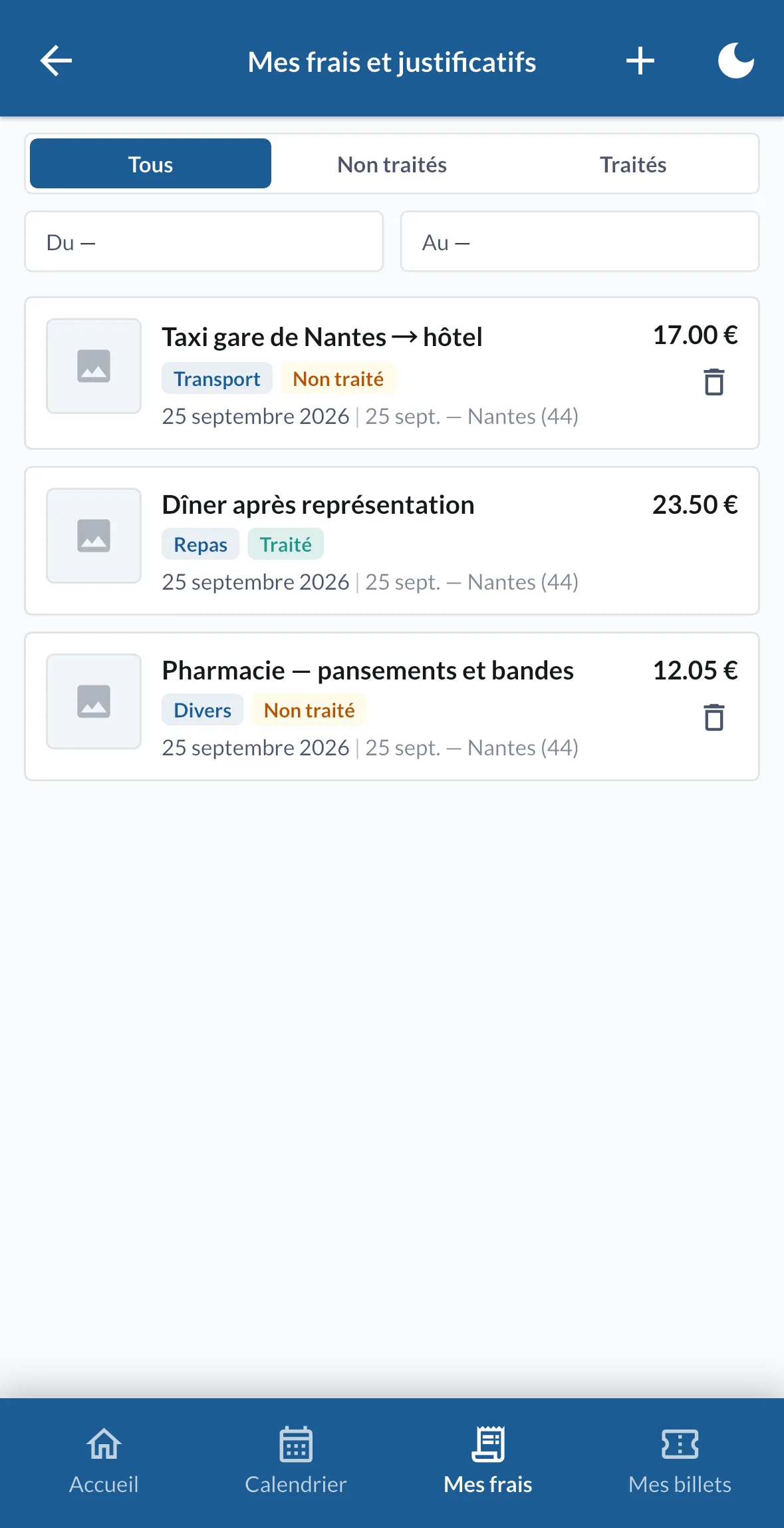 L'onglet Mes frais avec trois justificatifs