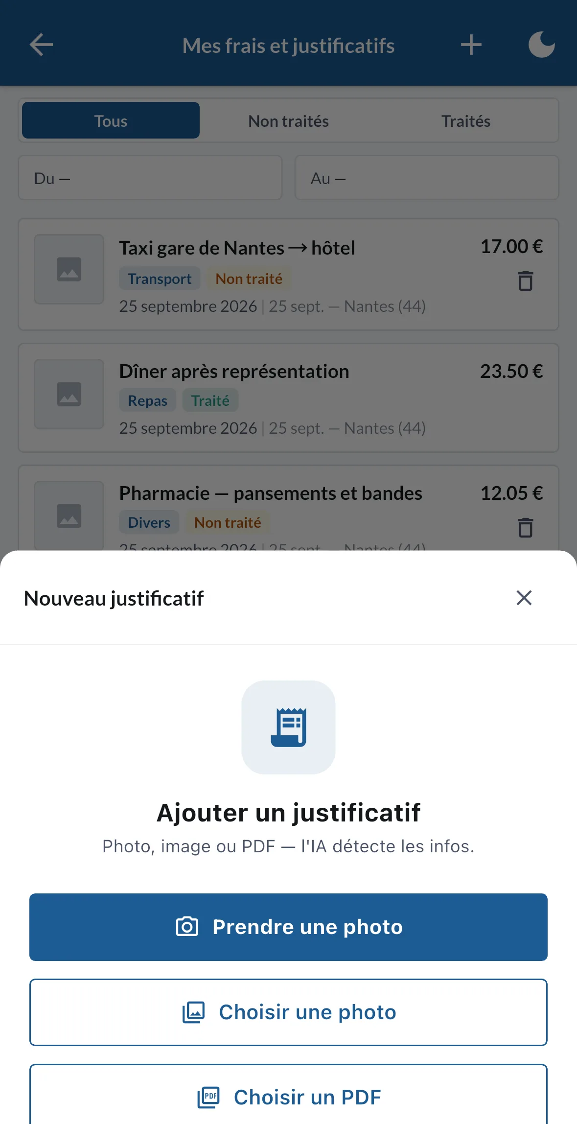 La fenêtre d'ajout d'un justificatif