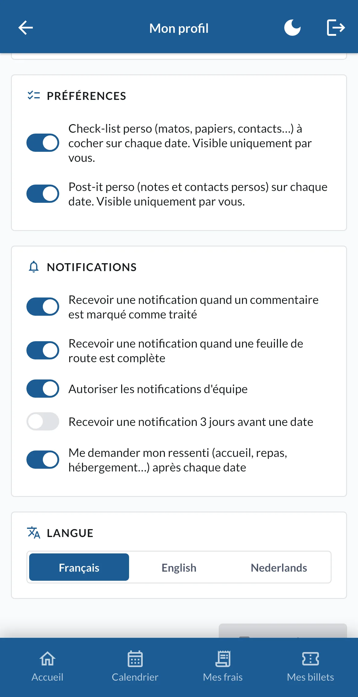 Les préférences et les notifications du profil