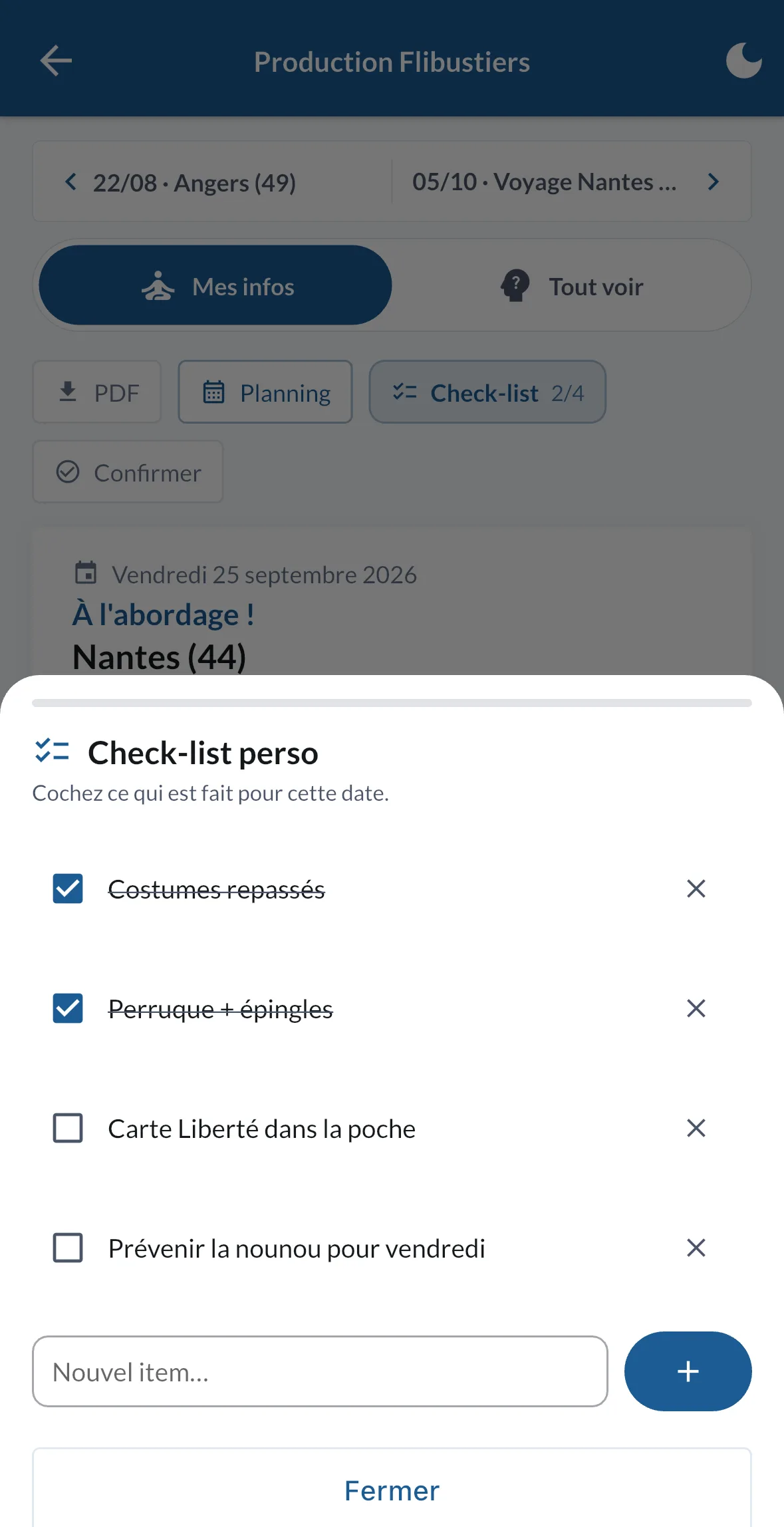 La check-list personnelle d'une date