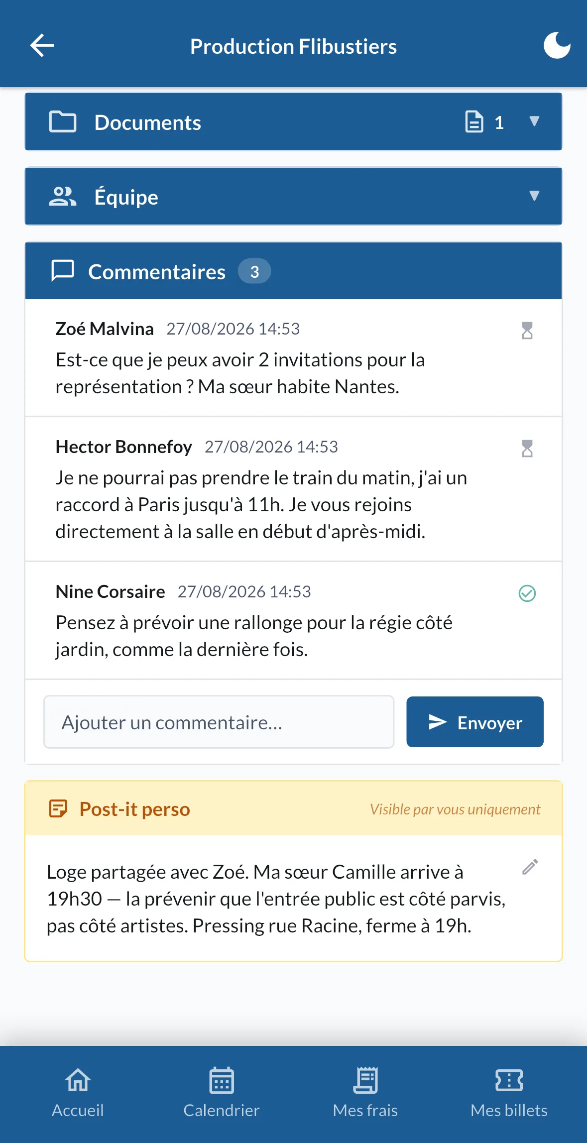 Le post-it personnel en bas d'une feuille de route