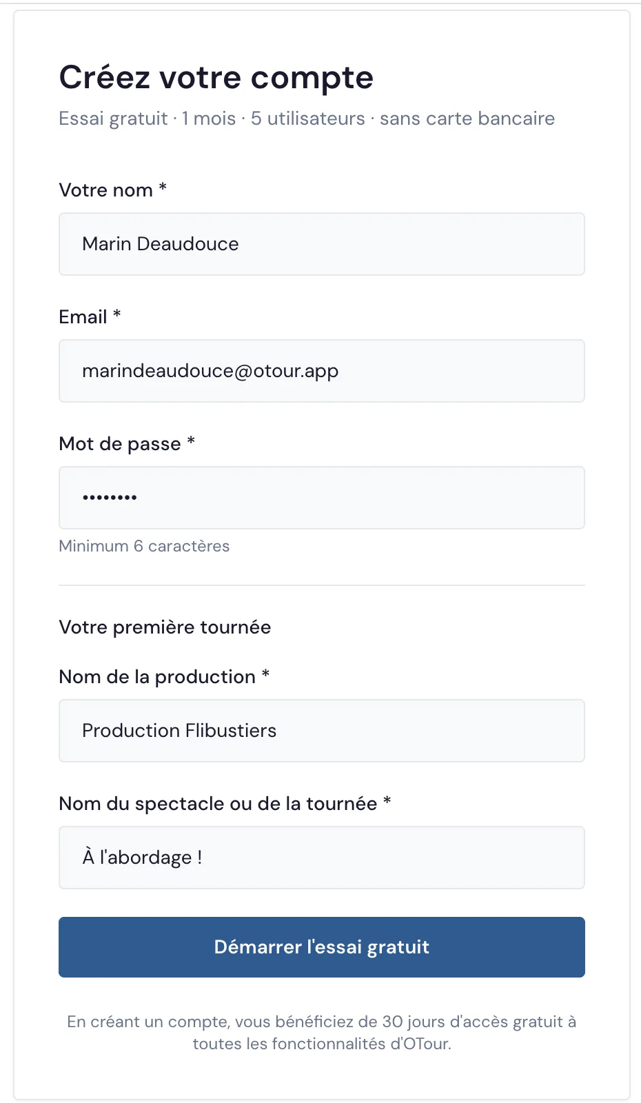 Formulaire de création de compte OTour