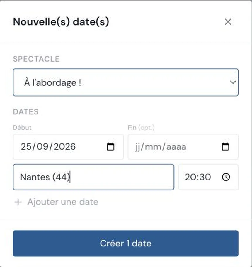 Fenêtre de création d'une date