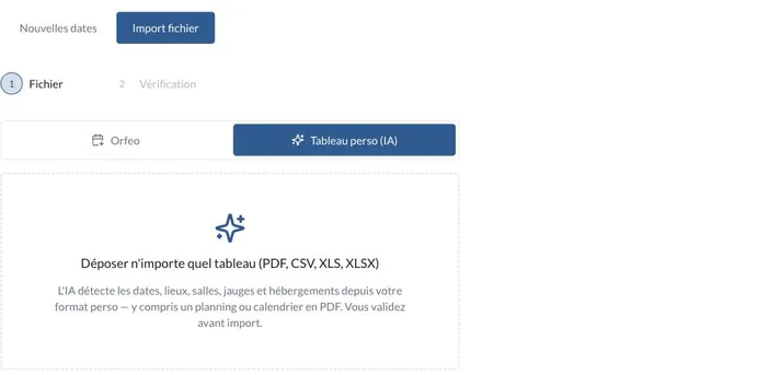 L'import de fichier, avec les deux modes Orféo et Tableau perso (IA)