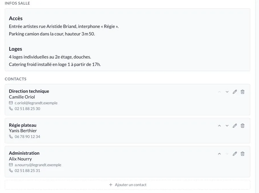 Infos salle et contacts