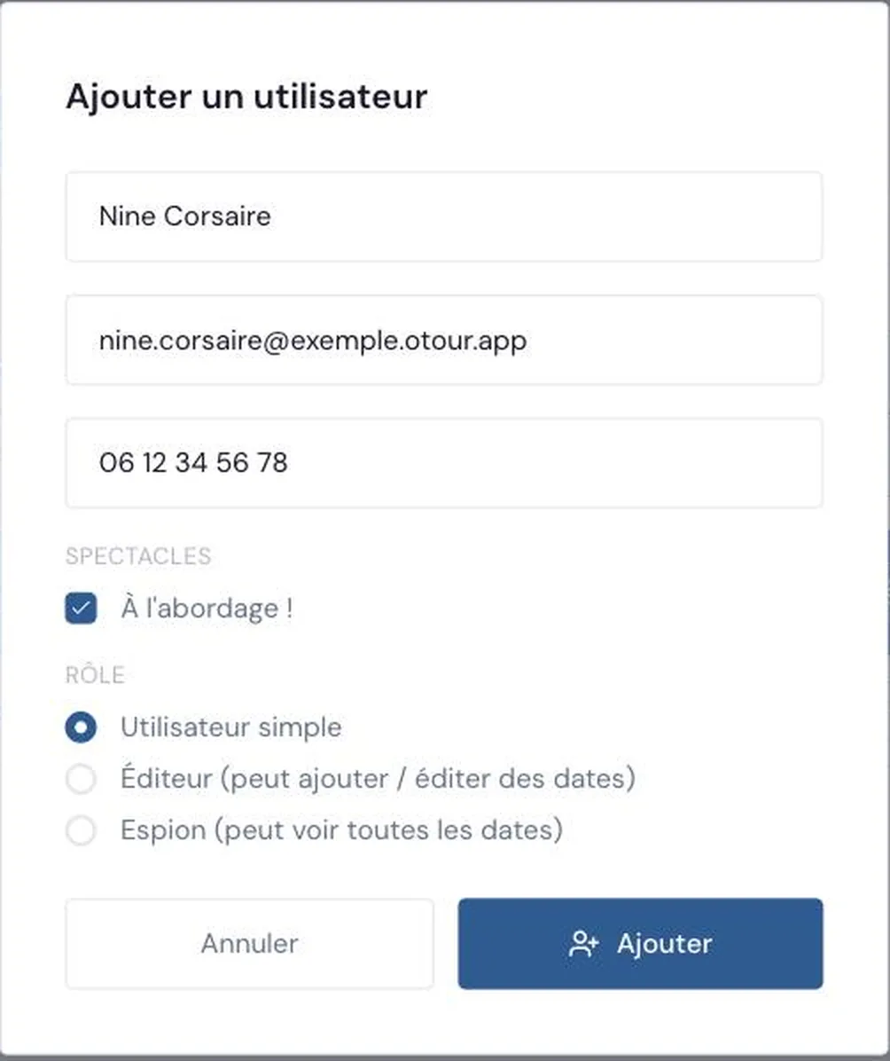 Fiche d'ajout d'un utilisateur