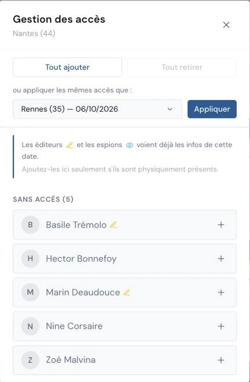Fenêtre de gestion des accès