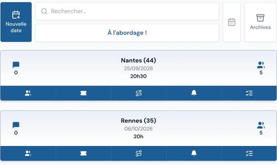 La page Édition avec la barre d'icônes sous chaque date
