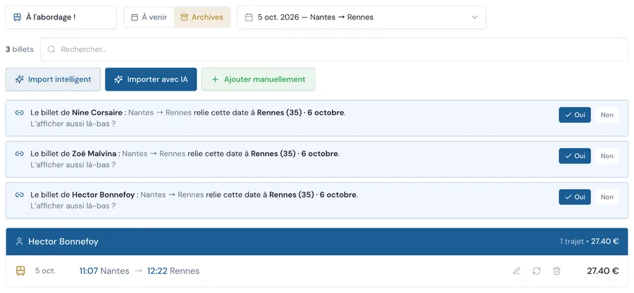 La proposition d'afficher un billet sur la date suivante
