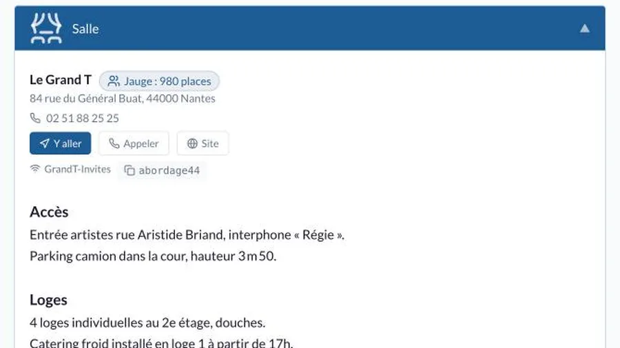 La section Salle dépliée en vue équipe