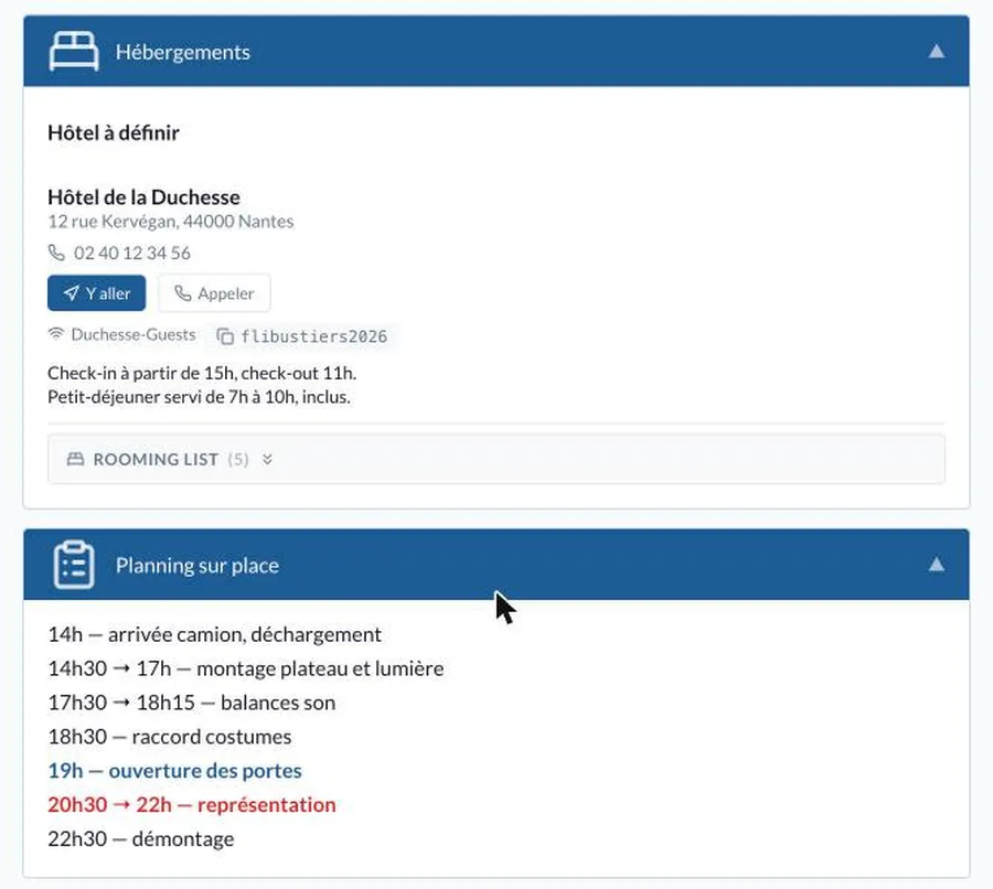 Hébergement et planning en vue équipe
