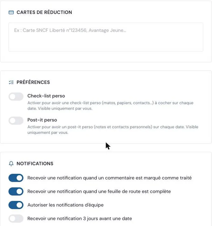 Cartes de réduction, préférences et notifications du profil