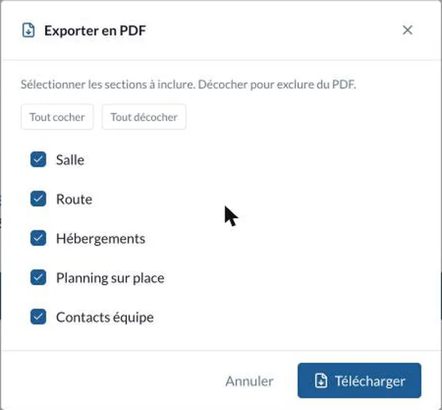 La fenêtre d'export PDF avec le choix des sections