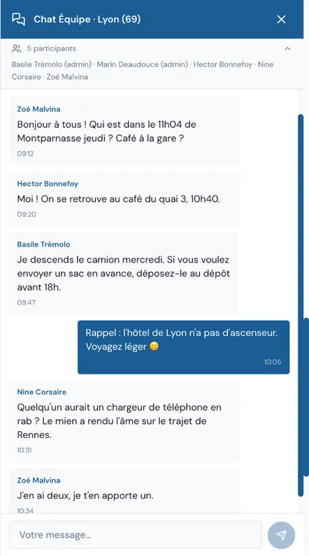 Le panneau Chat Équipe ouvert sur le web