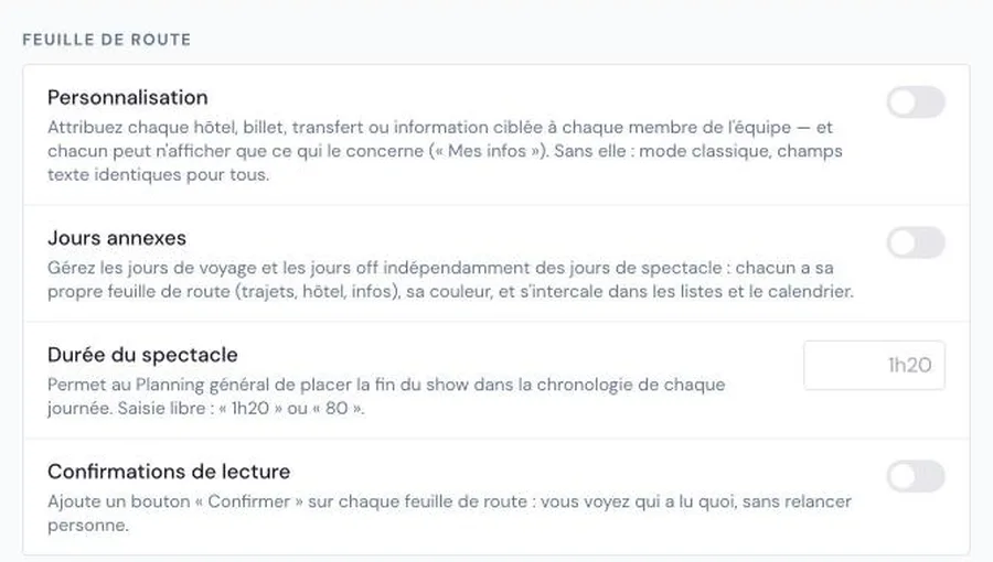 Réglages du spectacle, section feuille de route