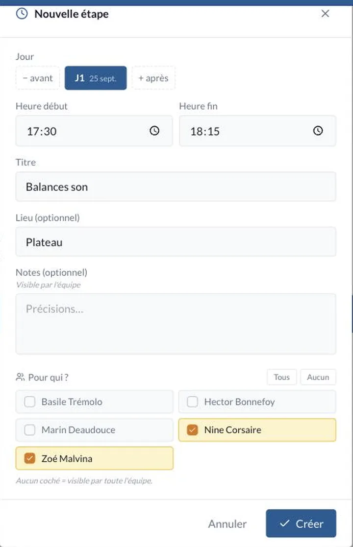 Le formulaire de création d'une étape de planning