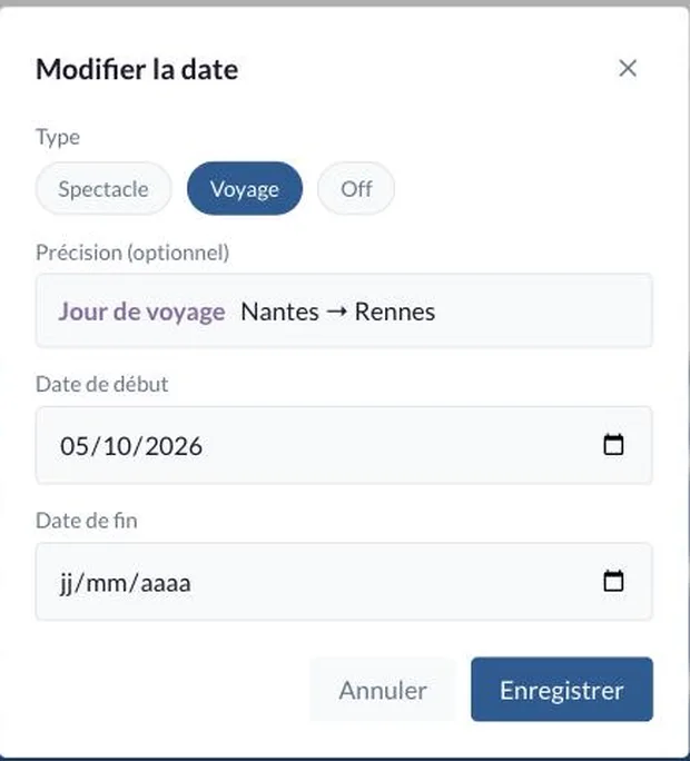 Le choix du type de jour et le champ Précision