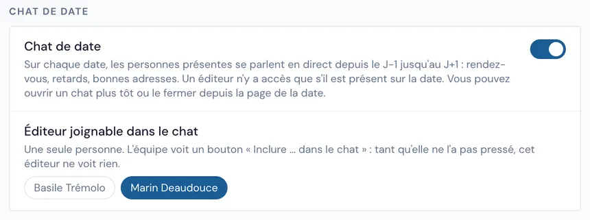 L'encadré Chat de date des réglages du spectacle