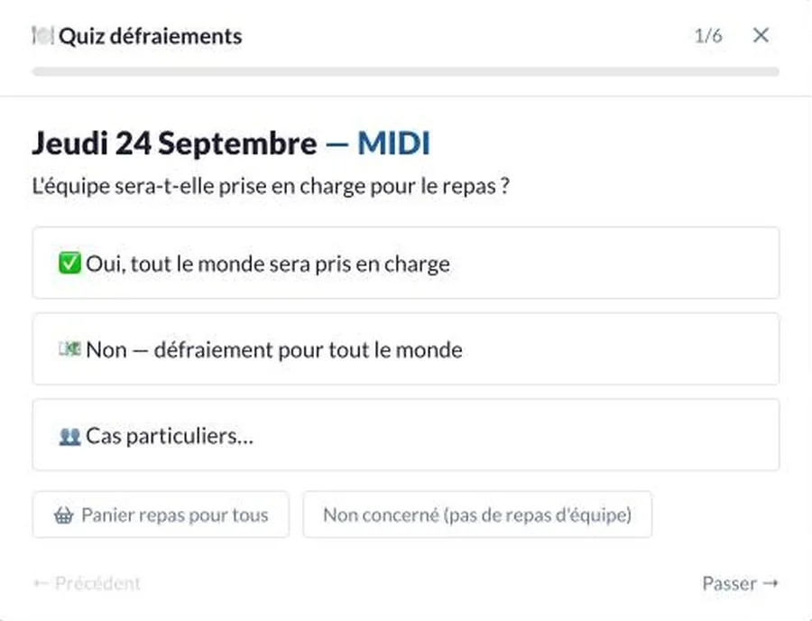 Première question du quiz défraiements