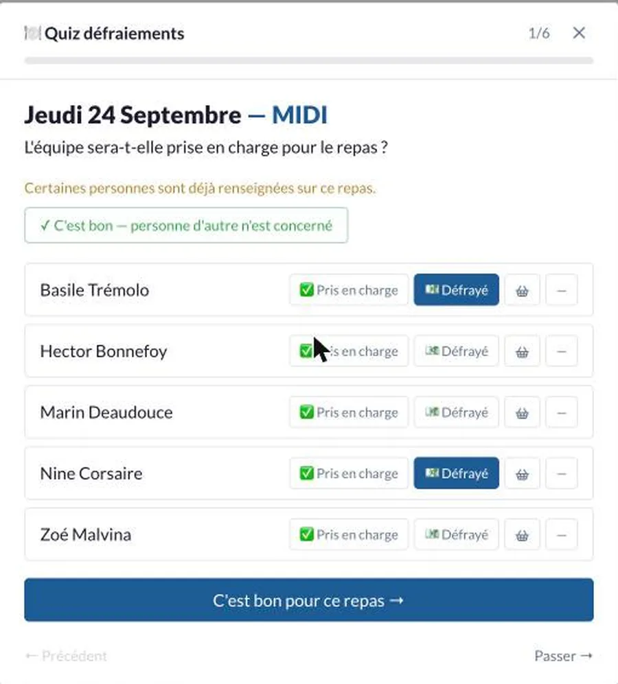 Le détail nominatif d'un repas