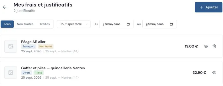 La liste Mes frais côté équipe