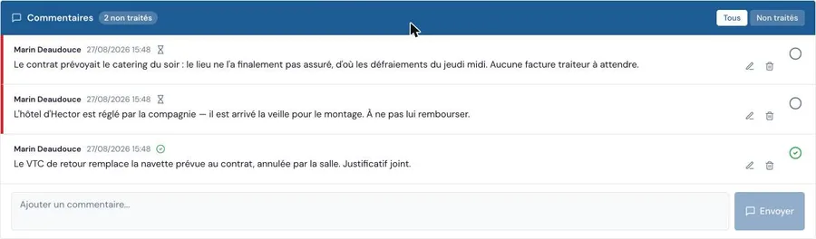 Le fil de commentaires en bas de la page de suivi comptable